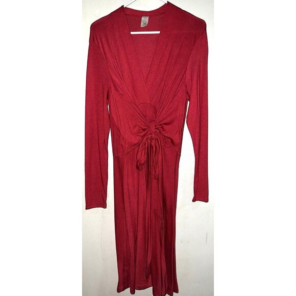 Womens Red Wrap-tie Dress Midi Length XL Long Sleeve V Neck Soft - Picture 1 of 2